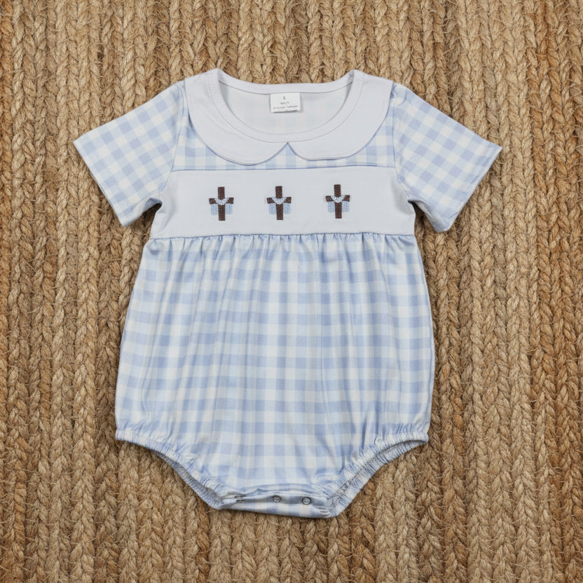 blue gingham easter cross embroidered boy bubble