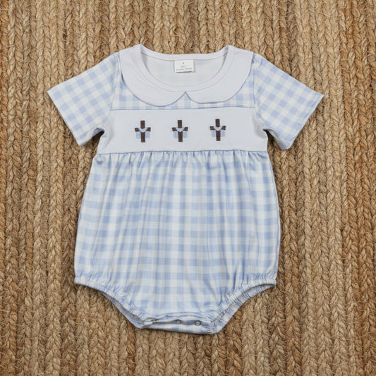 blue gingham easter cross embroidered boy bubble