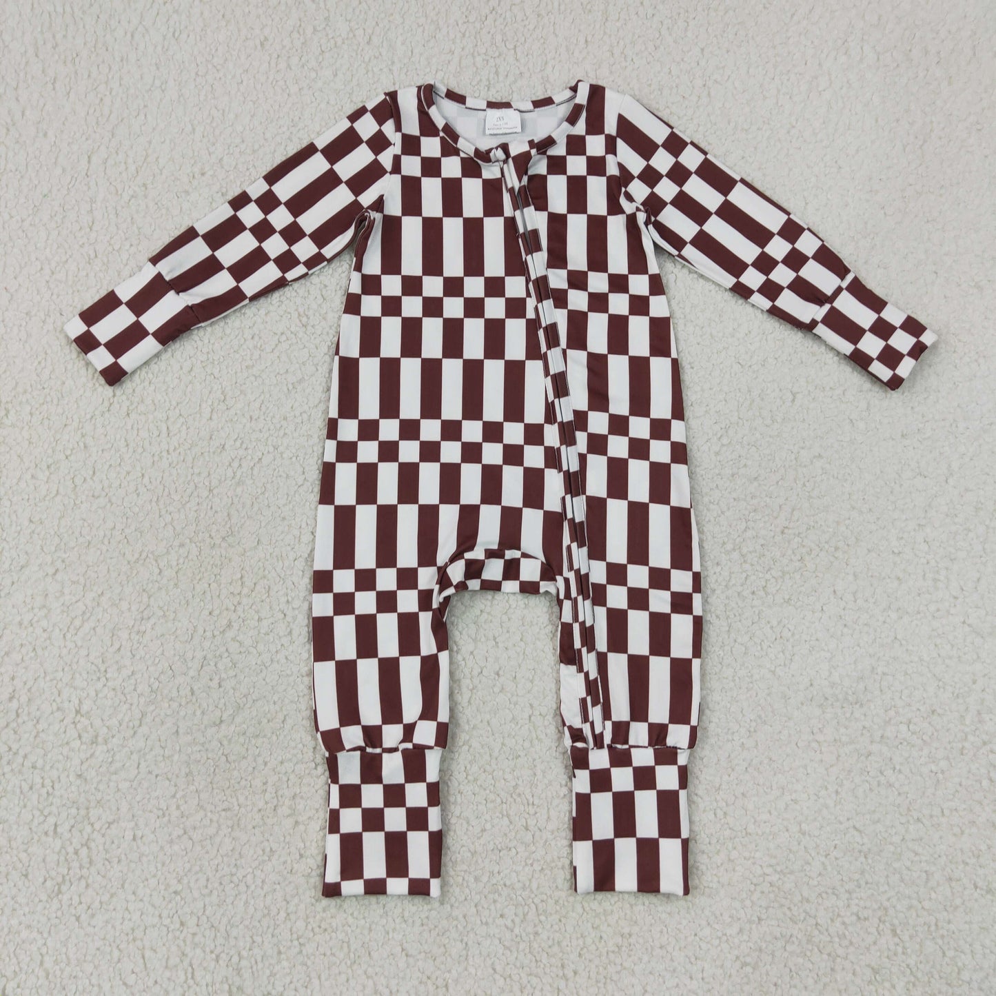 LR3114 long sleeve chocolate checkered zipper sleeper baby clothing