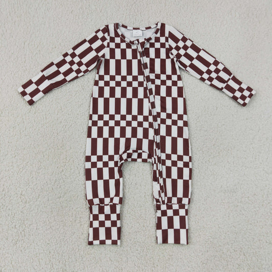LR3114 long sleeve chocolate checkered zipper sleeper baby clothing