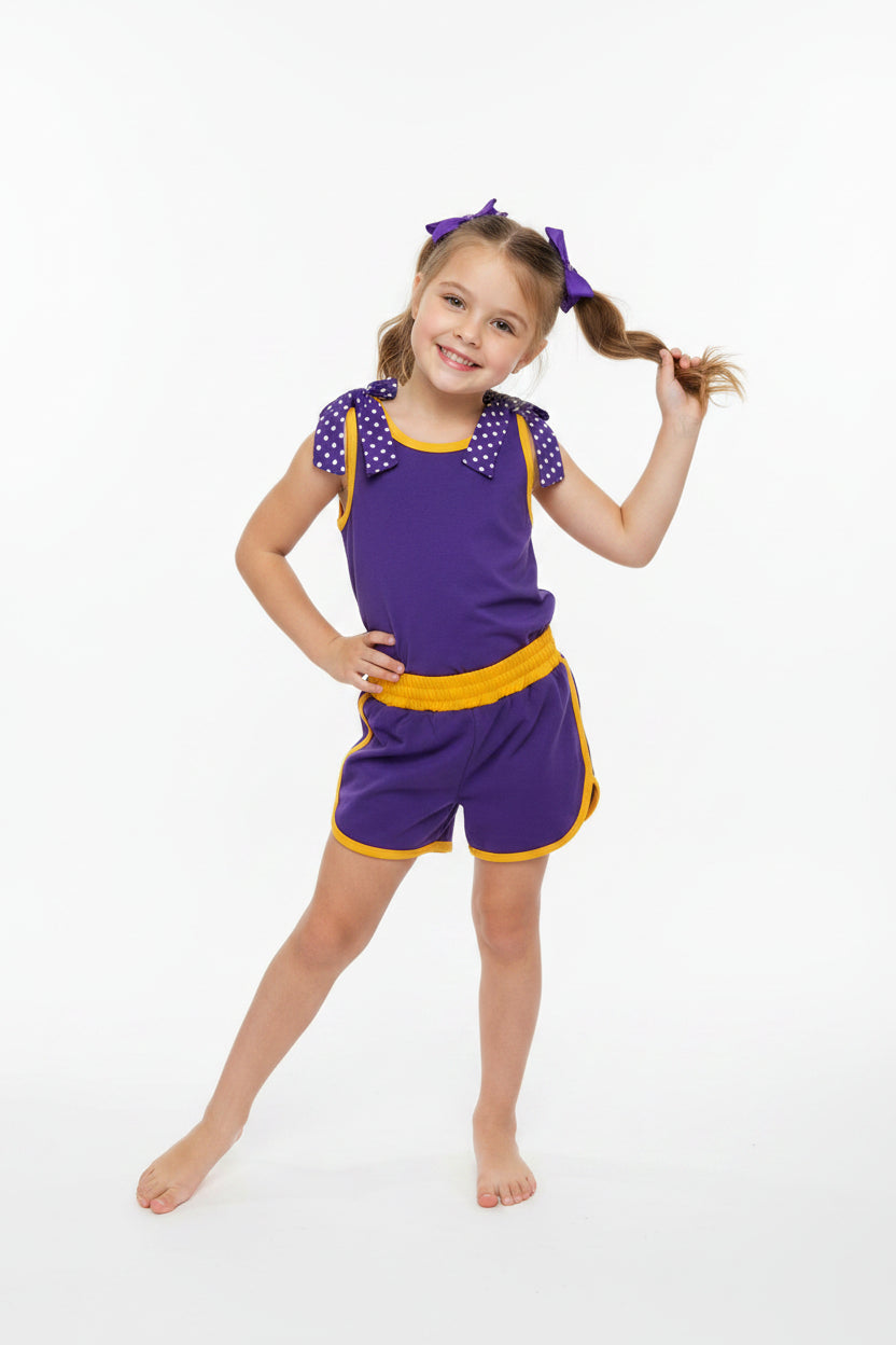 purple gold bow shorts set summer girl clothing