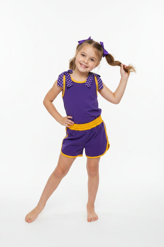 purple gold bow shorts set summer girl clothing