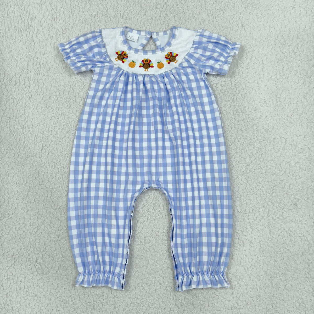 blue gingham turkey embroidery smock romper girl