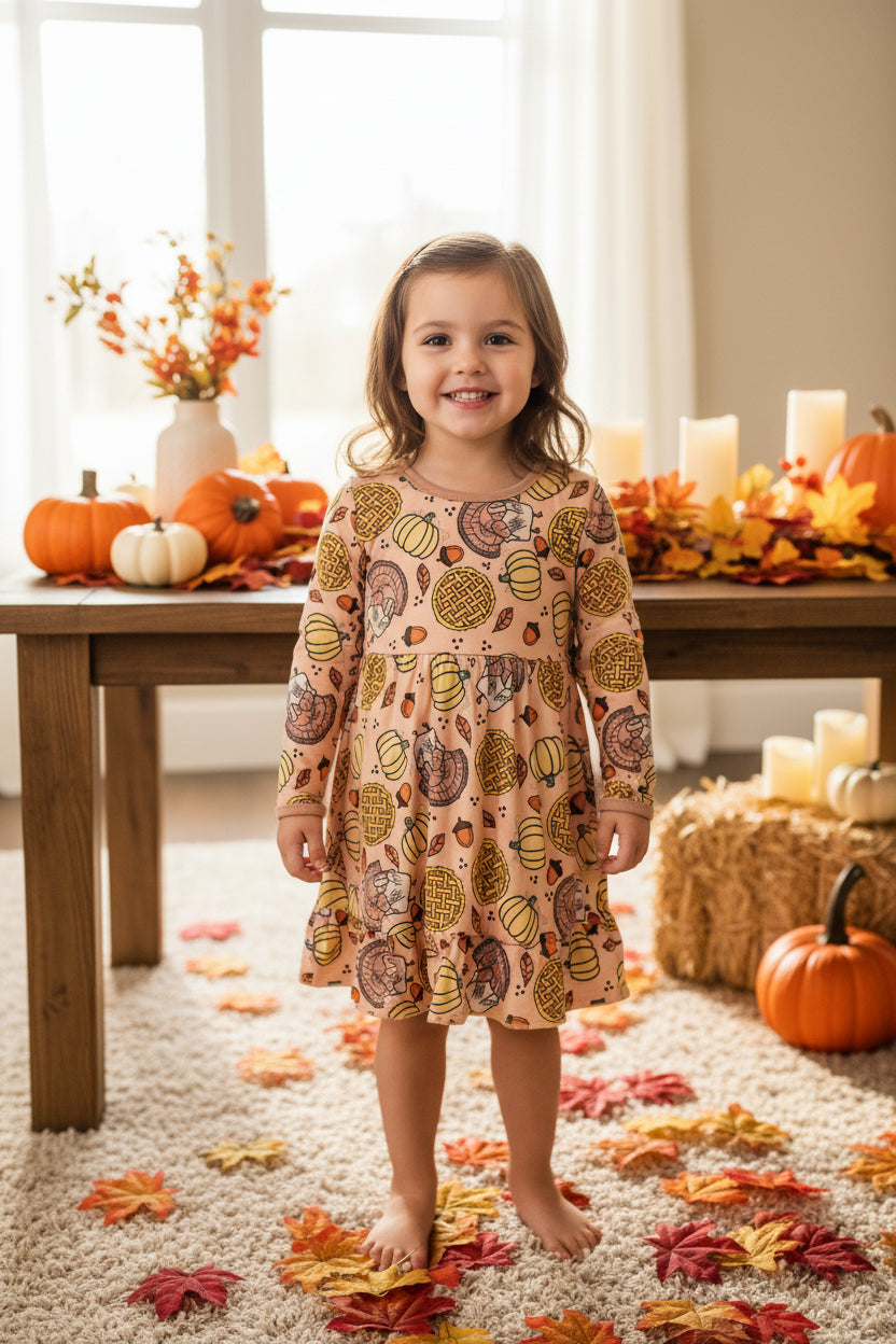 long sleeve turkey pumpkin print ruffle twirl dress