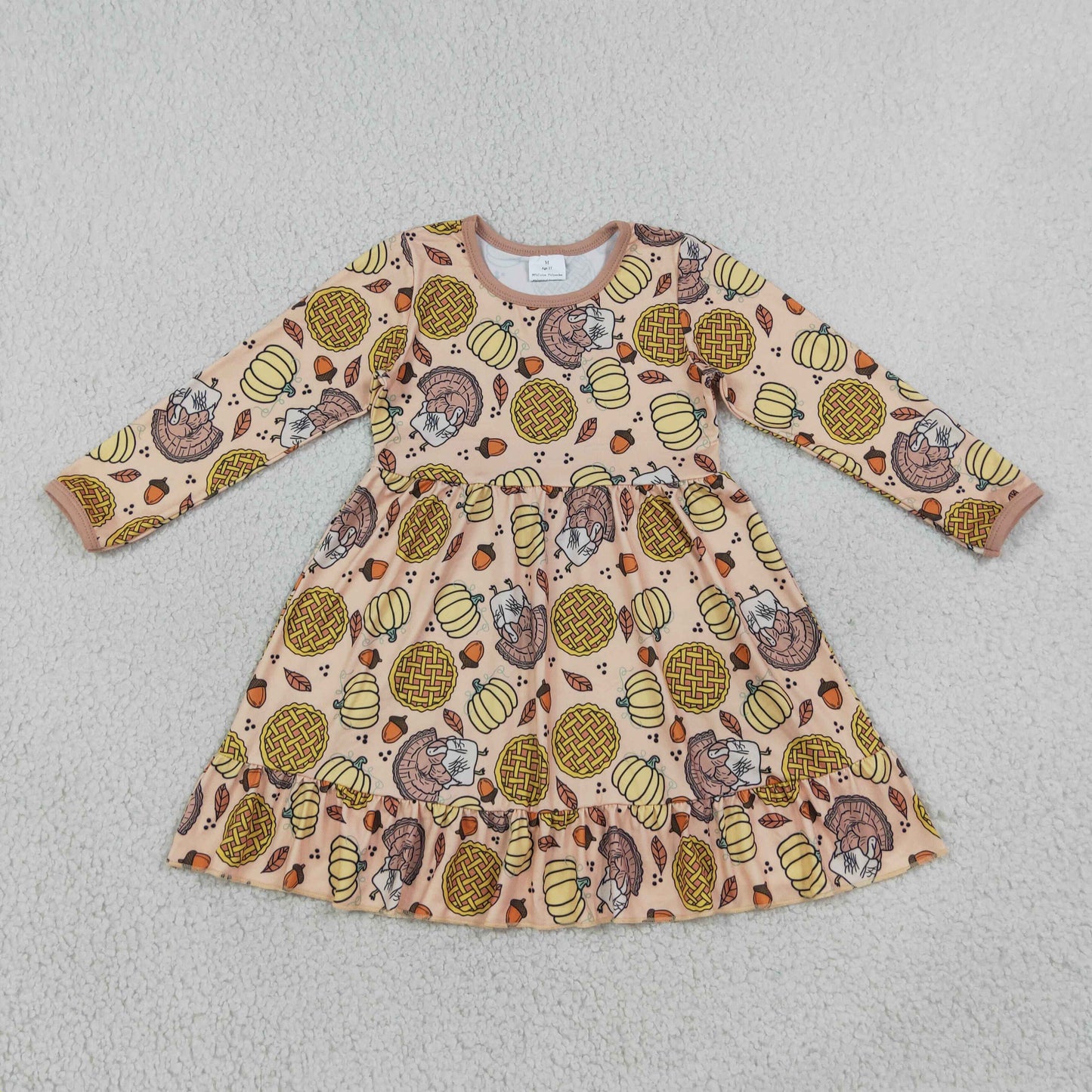long sleeve turkey pumpkin print ruffle twirl dress