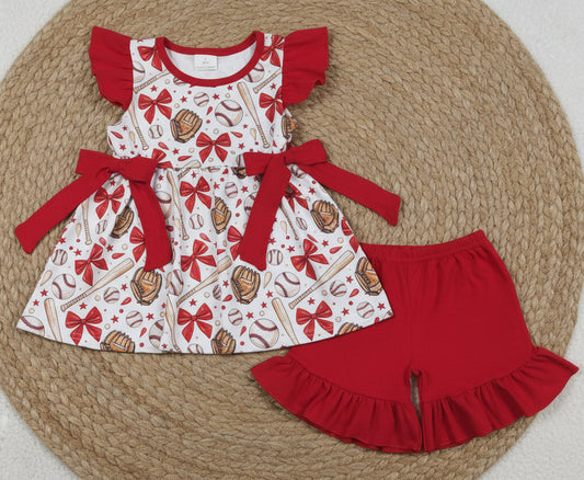 red flutter sleeve baseball print girl shorts set