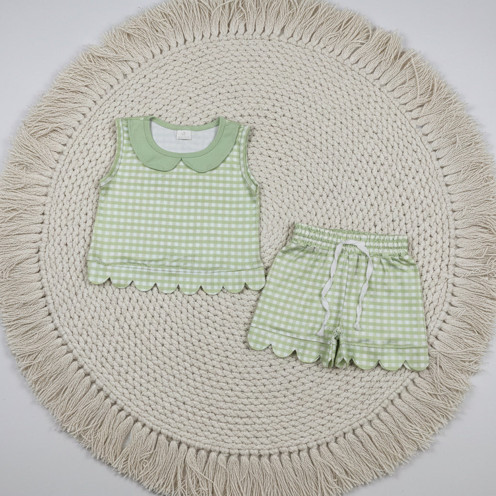 green gingham scallop shorts set summer clothing