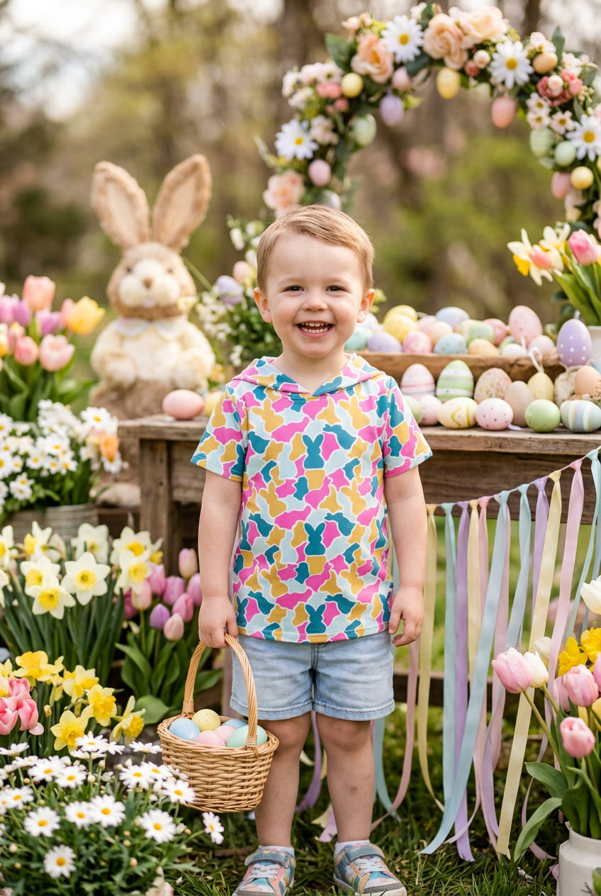 boy short sleeve camo bunny hoodie