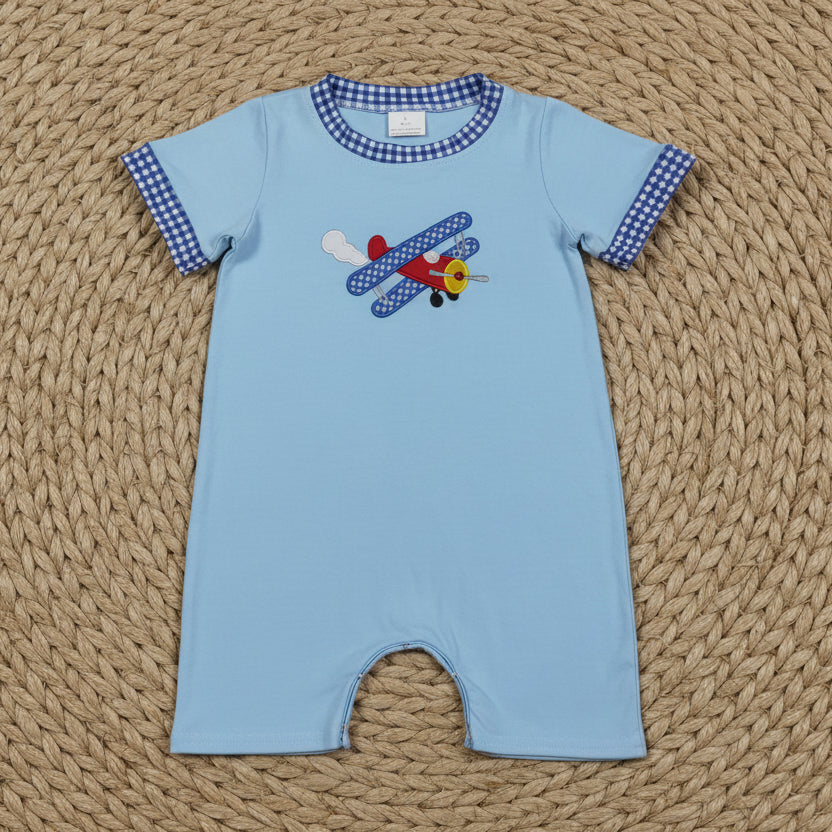 blue short sleeve airplane embroidery romper baby clothes