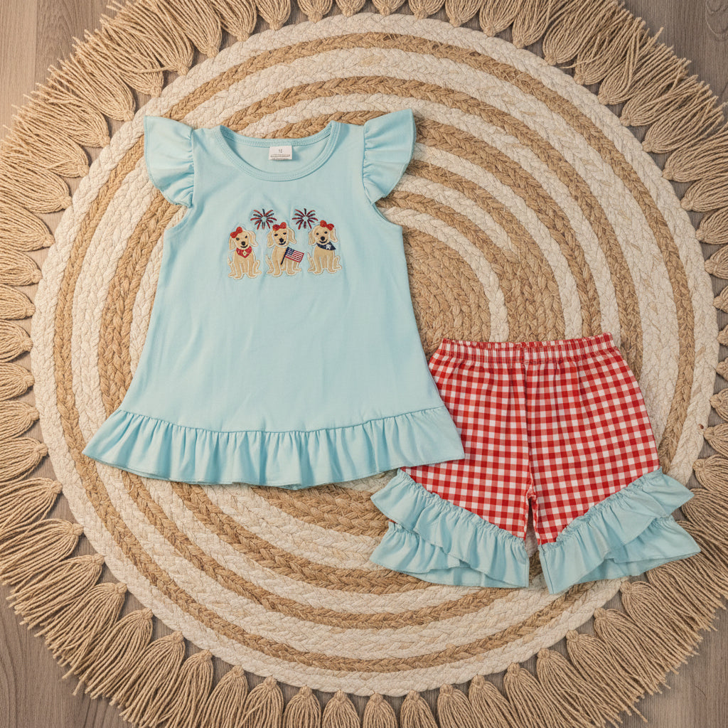 patriotic puppy dog embroidery shorts set 4th of july girl clothes