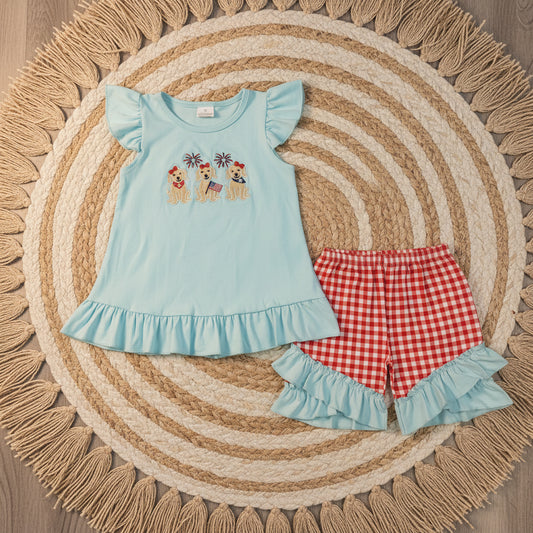 patriotic puppy dog embroidery shorts set 4th of july girl clothes