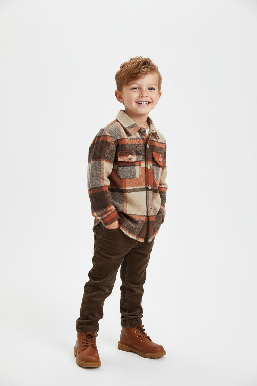 BT0061 Boy's Infant/Toddler Brown Plaid Flannel Button Shacket