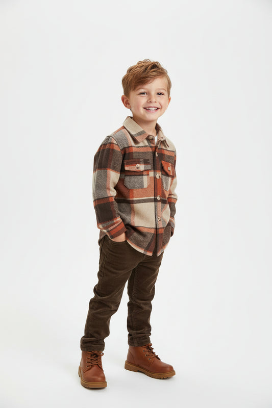BT0061 Boy's Infant/Toddler Brown Plaid Flannel Button Shacket