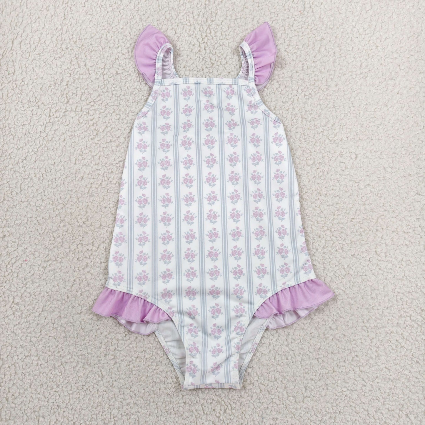 one pieces striped lavender floral swimsuit for girl