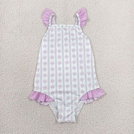 one pieces striped lavender floral swimsuit for girl