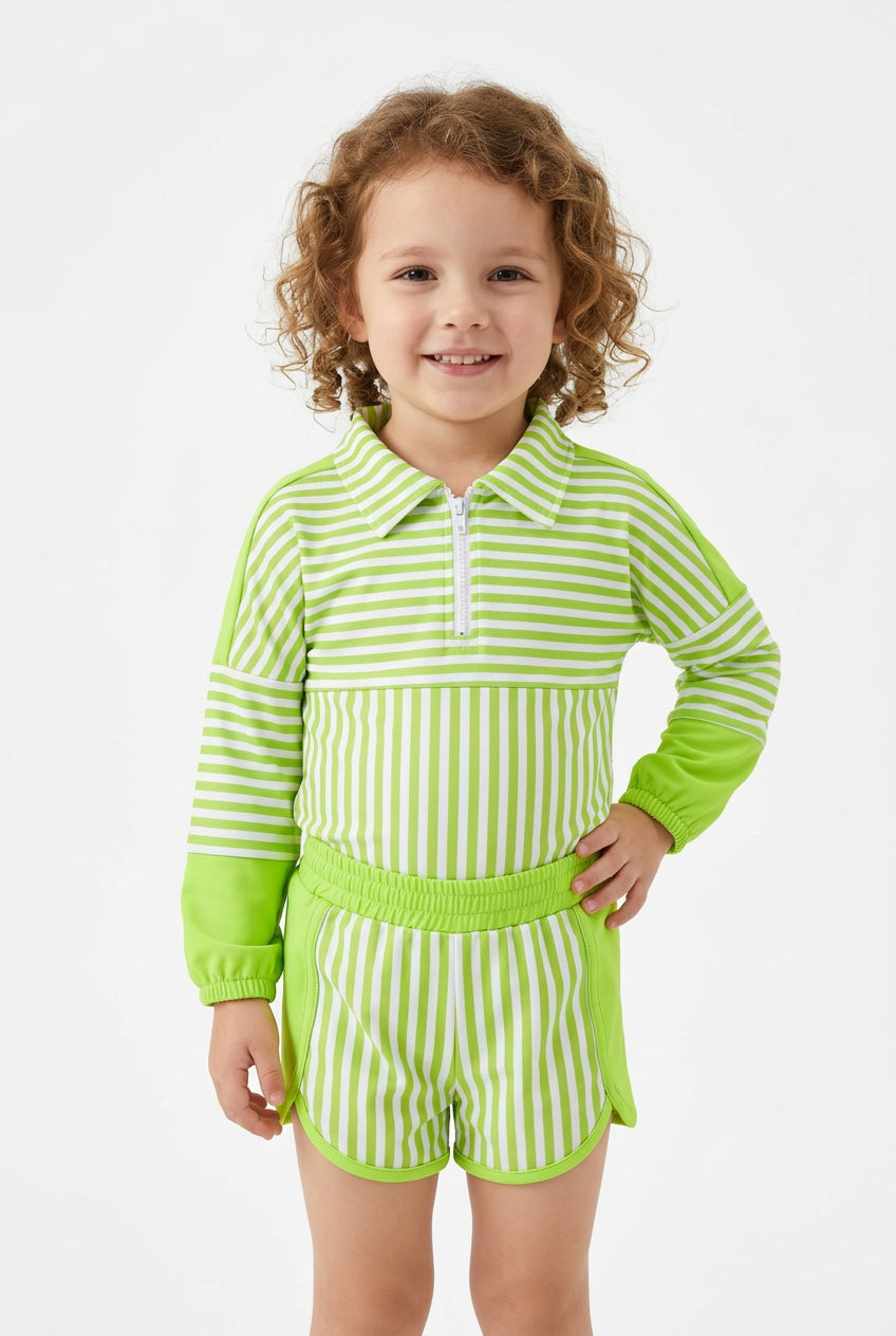 long sleeve green striped pullover shorts athletic outfit