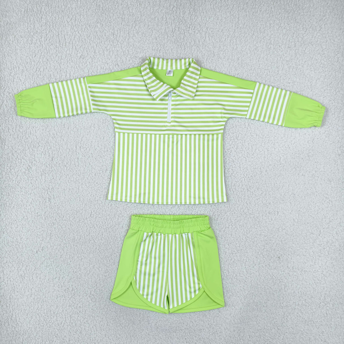 long sleeve green striped pullover shorts athletic outfit