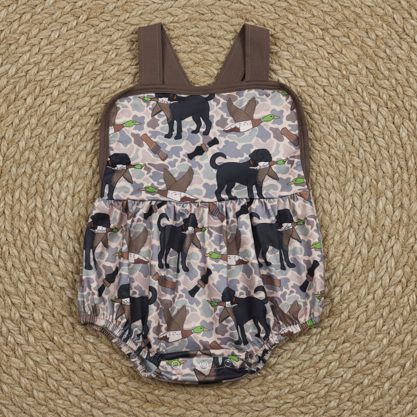 SR3928 hunting duck dog print strap bubble romper baby boy clothes