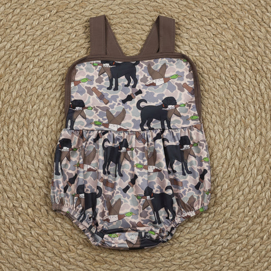 SR3928 hunting duck dog print strap bubble romper baby boy clothes