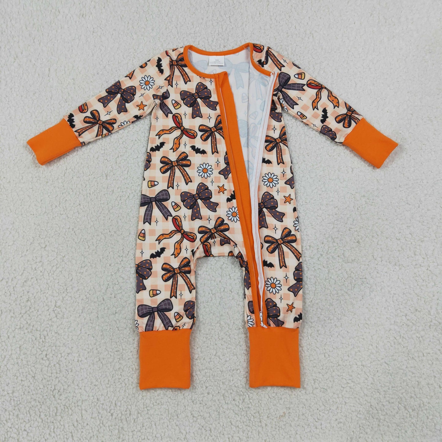 LR3161 orange halloween bow zipper sleeper baby clothing