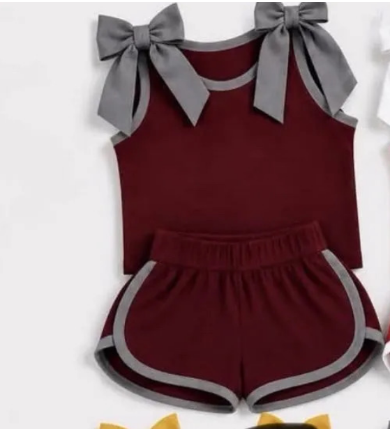 Custom order MOQ 3 Shannon maroon and gray bow tank shorts set
