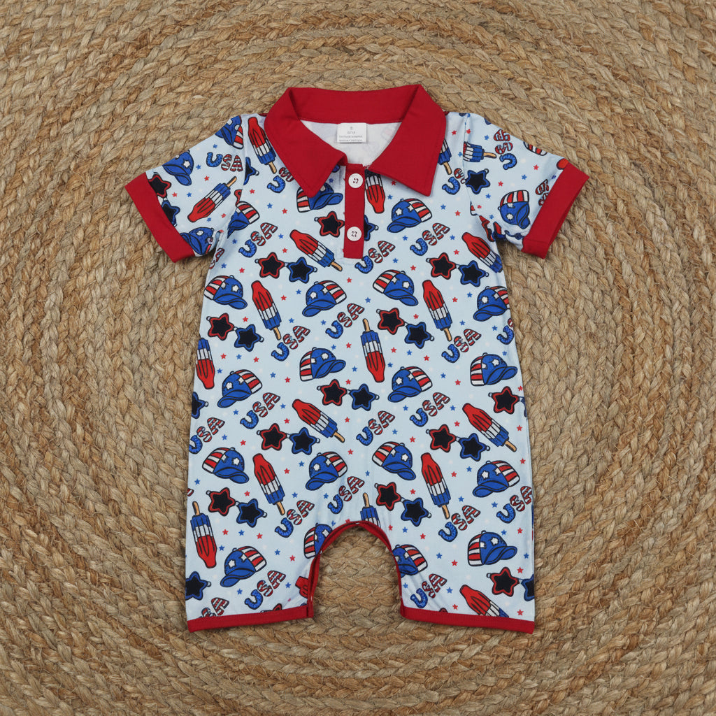 SR3874 4th of july usa hat rocket popsicle boy polo romper