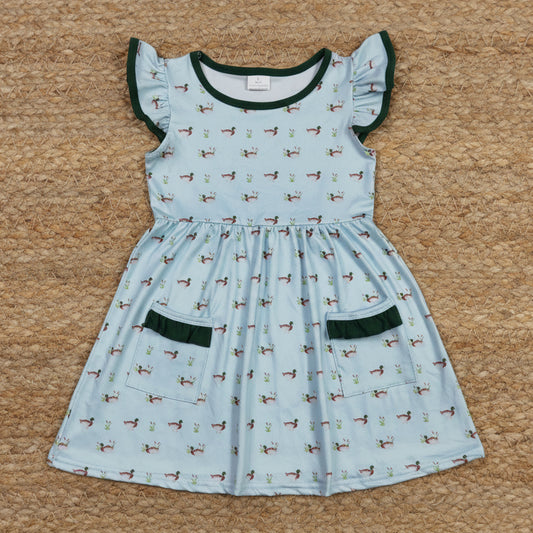 flutter sleeve duck print pocket dress kids summer dresses