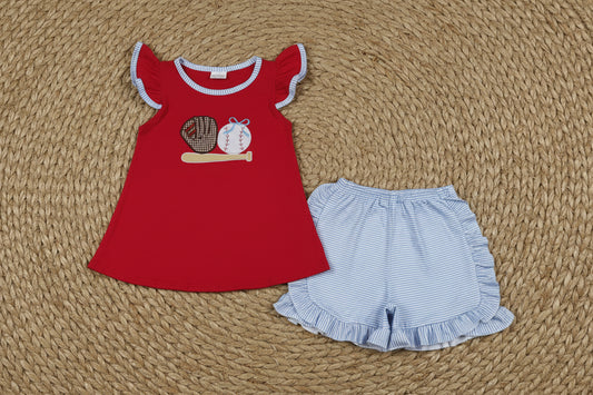 red white blue baseball embroidery shorts set girl clothing