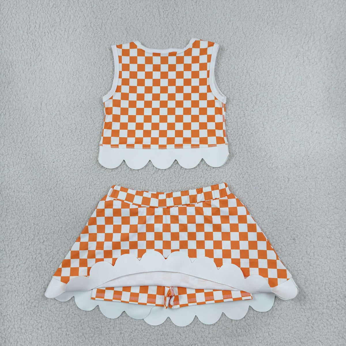 T orange check scallop athletic skort outfit girls clothing
