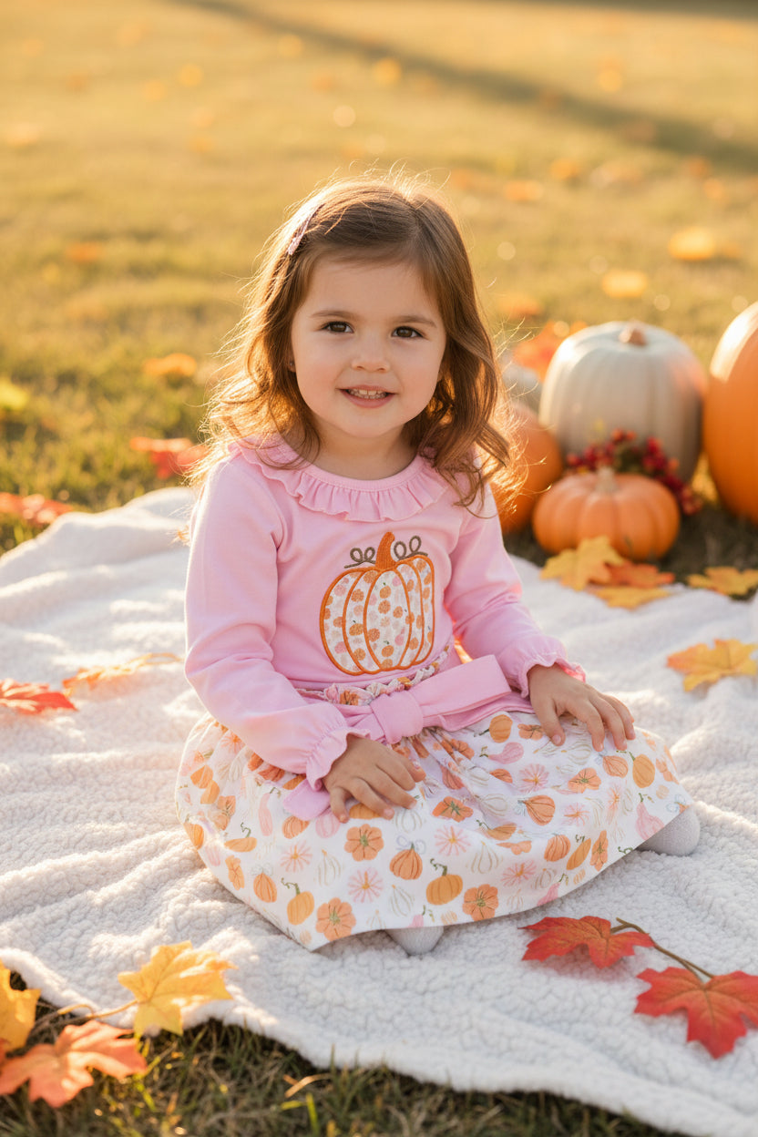 GLD1641 embroidered pink pumpkin skirt set fall girls outfit