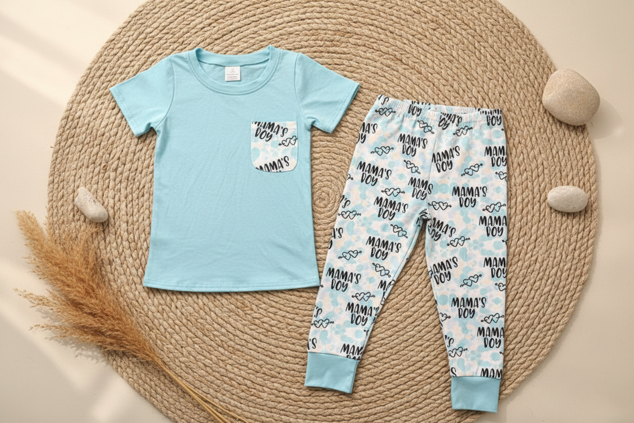 blue short sleeve mama's boy pants set