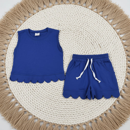 solid cotton navy blue scallop shorts set girl clothing