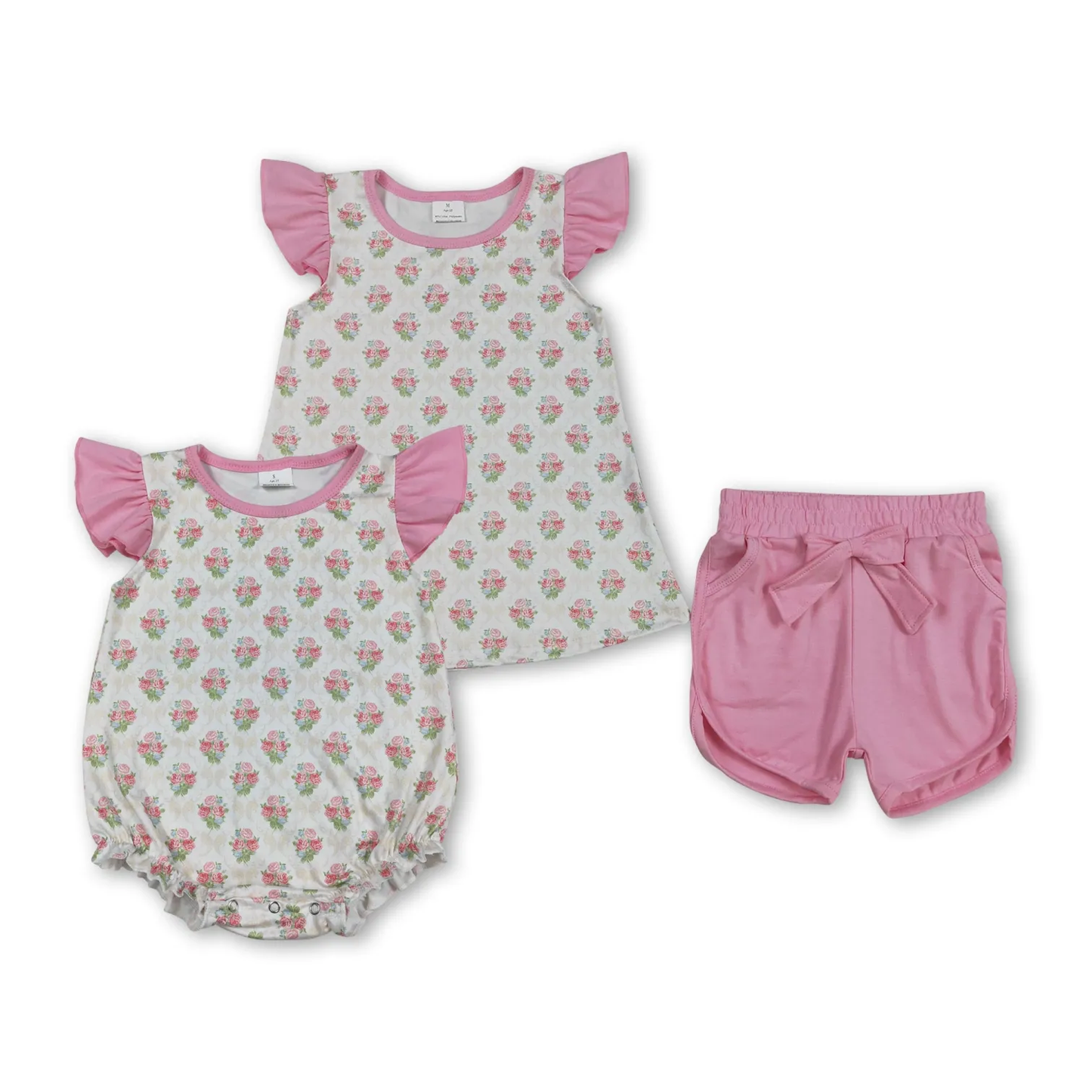 Sibling pink flower bubble and shorts set