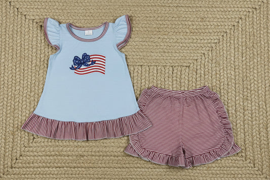 coquette flag embroidery ruffle shorts set 4th of july girl clothes