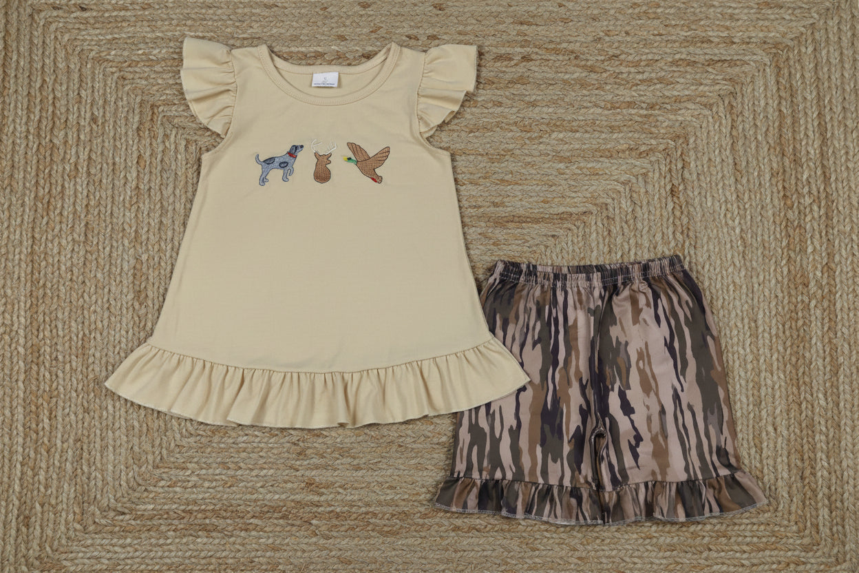 dog deer mallard embroidery girl shorts set hunting clothes
