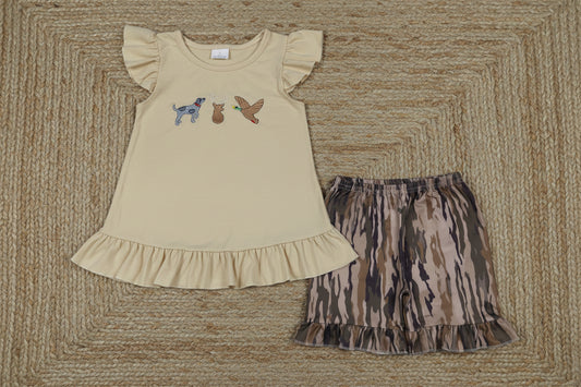 dog deer mallard embroidery girl shorts set hunting clothes