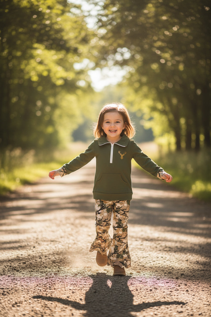 olive deer embroidery pullover scallop pants set girls outfit