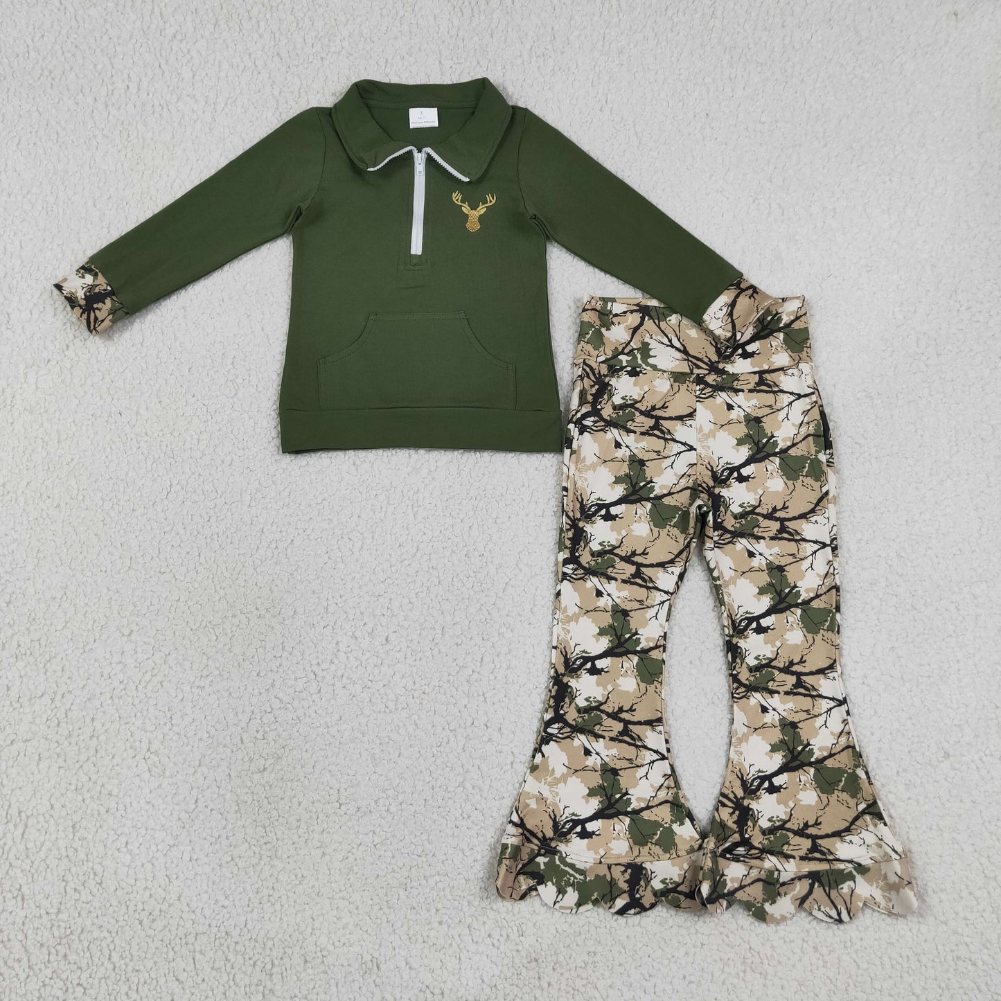olive deer embroidery pullover scallop pants set girls outfit