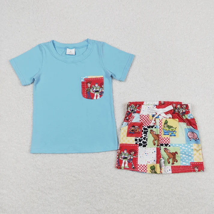 BSSO0535 Cartoon Plaid Pocket Blue Short Sleeve Shorts Suit