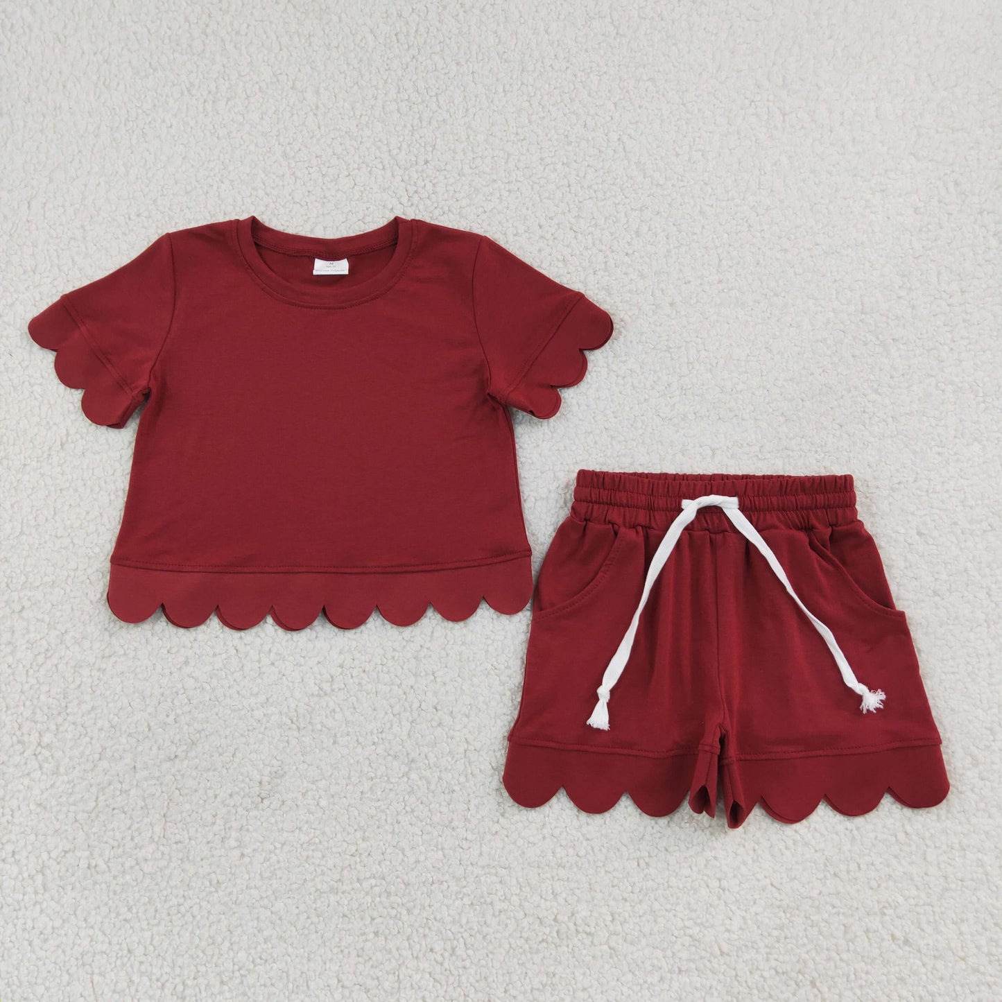 solid maroon scallop shorts set