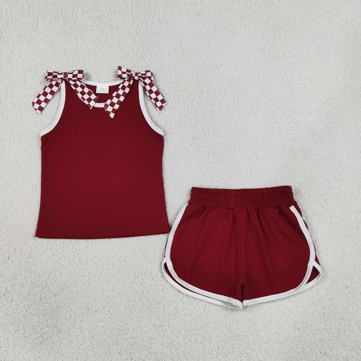 maroon white check bow shorts set summer girl clothing