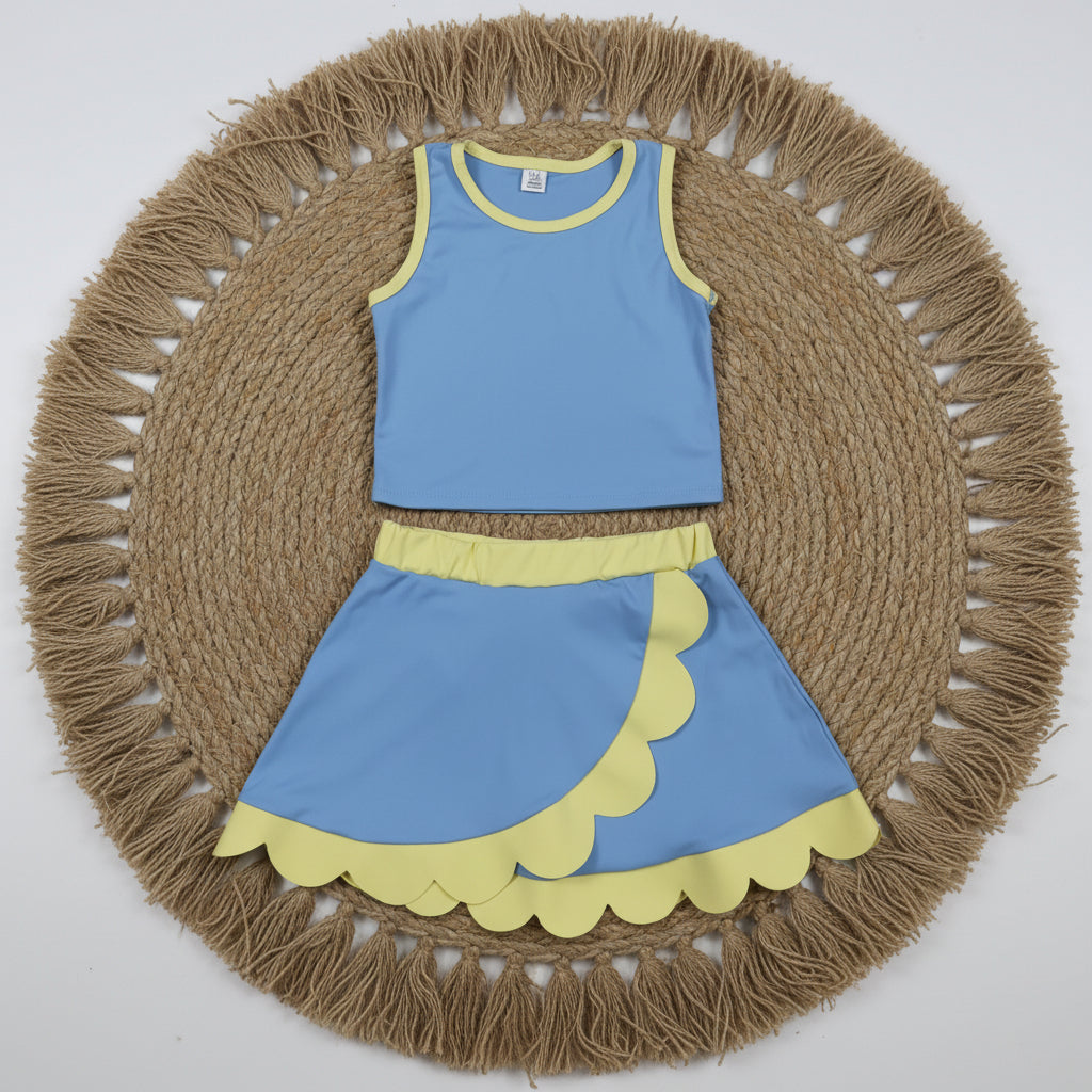 solid blue yellow scallop athletic skort outfit girls clothes