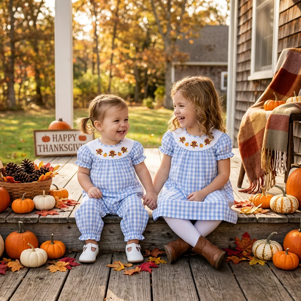Matching Baby girls Thanksgiving turkey blue plaid long sleeve clothing smocked