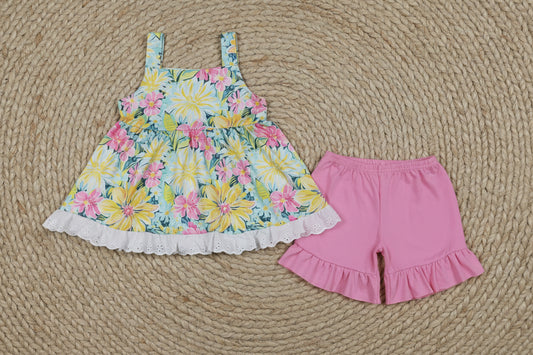 summer flower strap shorts set summer toddler girl clothing