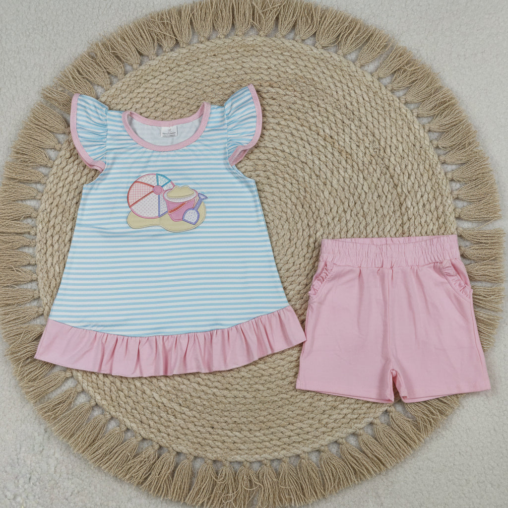 pink beach days embroidery girl shorts set summer clothes