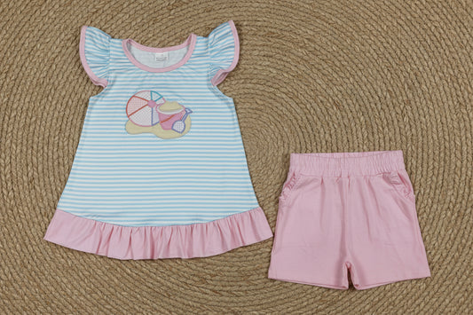 pink beach days embroidery girl shorts set summer clothes