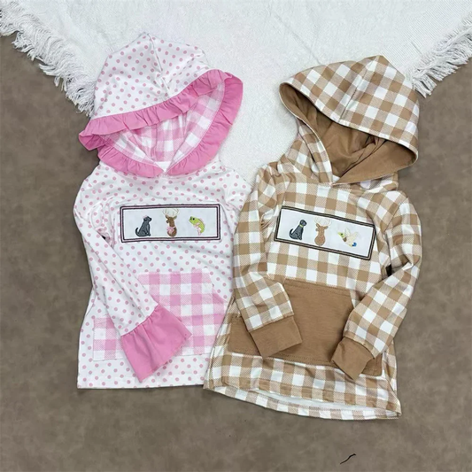 Sibling Embroidery Dogs Deer Fish Kids Hunting Pocket Hoodie