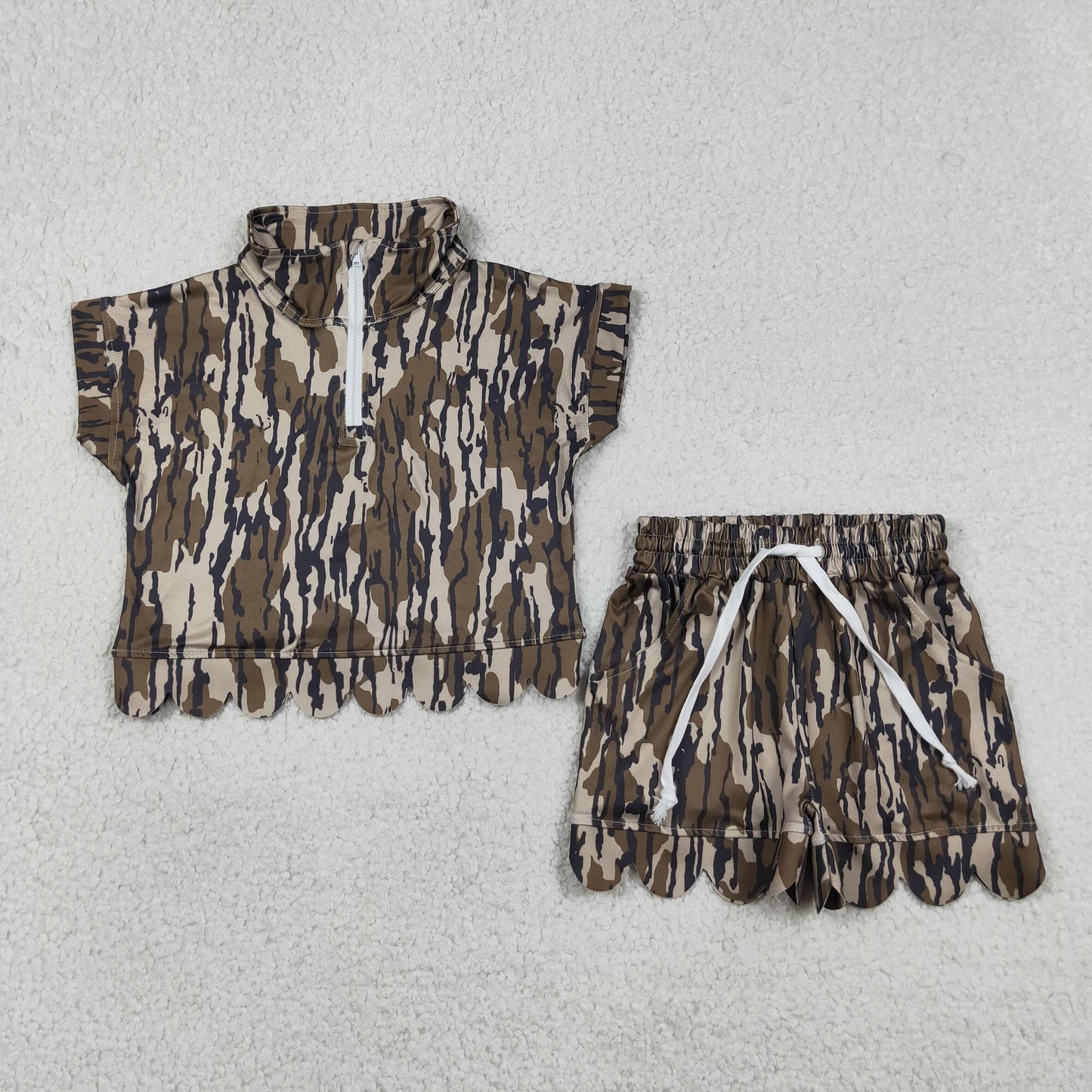 zipper camo scallop shorts set summer girl clothing