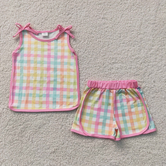 sleeveless colorful plaid shorts set summer girl clothing