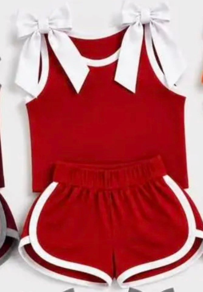 Custom order MOQ 3 Shannon red and white bow tank shorts set
